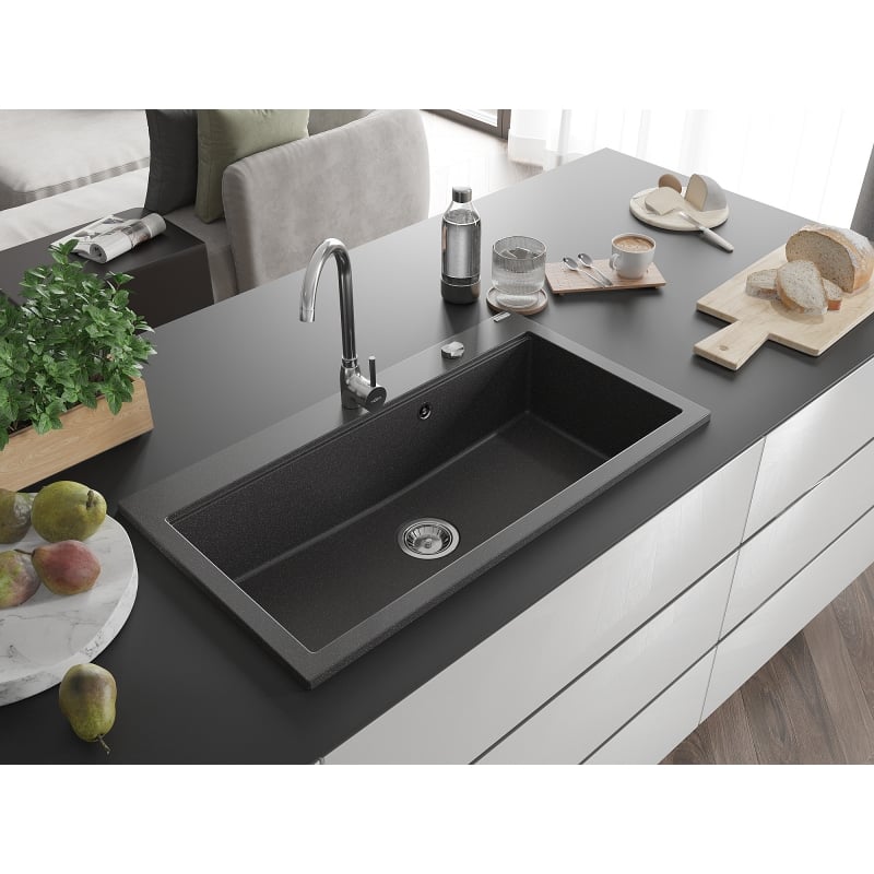 Mexen Slido évier en granit 1 bac 900 x 500 mm, noir moucheté, siphon chromé - 6528901005-75 - 6528901005-76