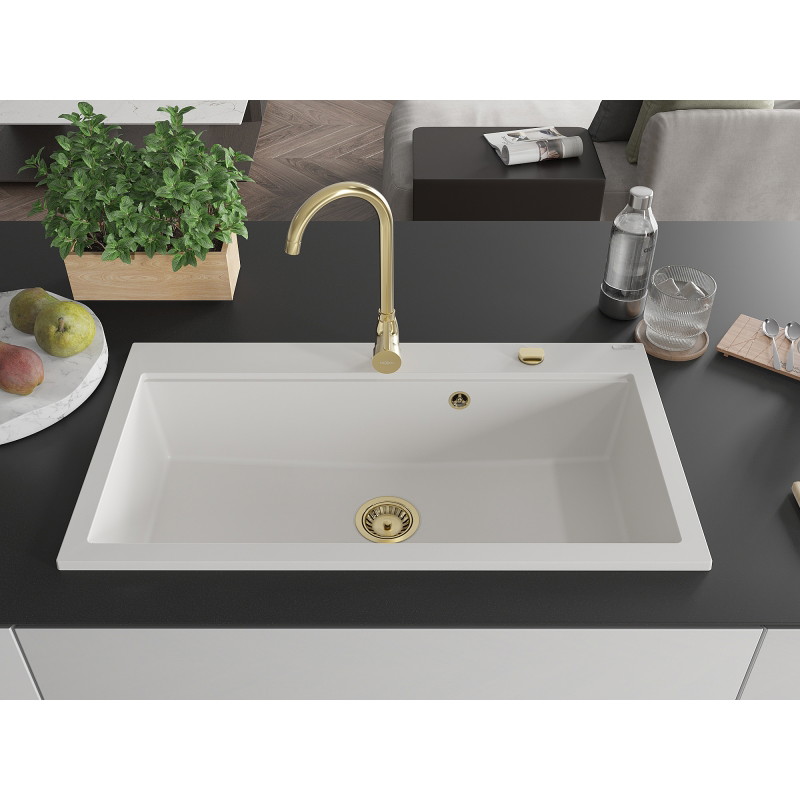 Mexen Slido évier en granit 1 bac 900 x 500 mm, blanc, siphon doré - 6528901005-20-G