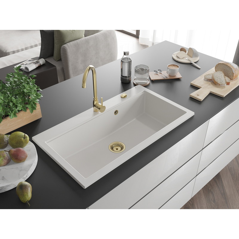 Mexen Slido évier en granit 1 bac 900 x 500 mm, blanc, siphon doré - 6528901005-20-G