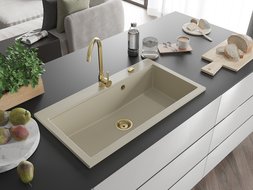Mexen Slido Évier en granit 1 bac 900 x 500 mm, beige, siphon doré - 6528901005-69-G
