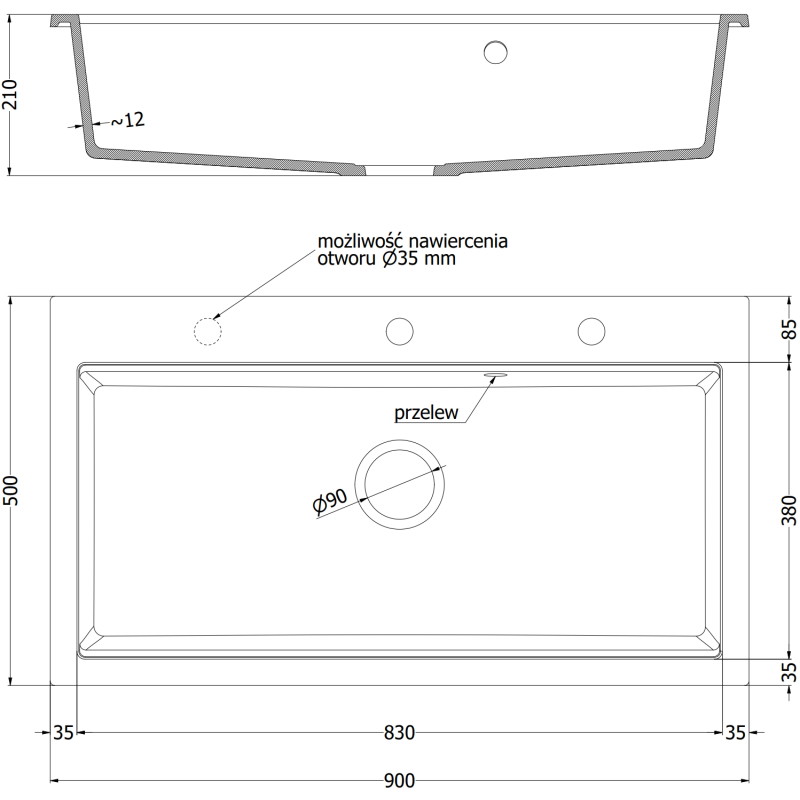 Mexen Slido évier en granit 1 bac 900 x 500 mm, noir/argent métallisé, siphon doré - 6528901005-73-G