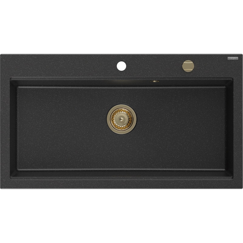 Mexen Slido évier en granit 1 bac 900 x 500 mm, noir/effet métal argenté, siphon doré - 6528901005-73-G
