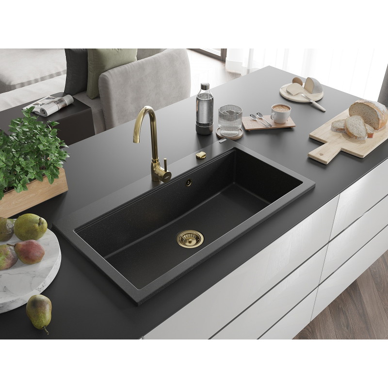 Mexen Slido évier en granit 1 bac 900 x 500 mm, noir/argent métallisé, siphon doré - 6528901005-73-G