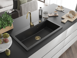 Mexen Slido évier en granit 1 bac 900 x 500 mm, noir/argent métallisé, siphon doré - 6528901005-73-G