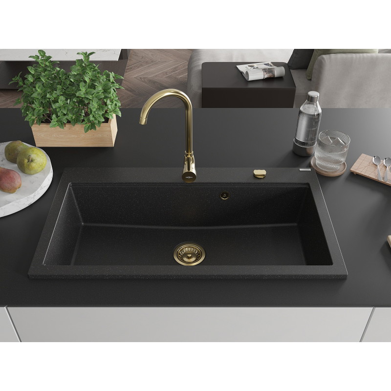 Mexen Slido évier en granit 1 bac 900 x 500 mm, noir/argent métallisé, siphon doré - 6528901005-73-G