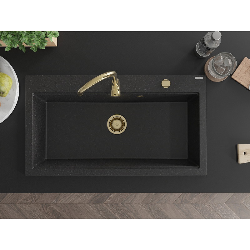 Mexen Slido évier en granit 1 bac 900 x 500 mm, noir/effet métal argenté, siphon doré - 6528901005-73-G