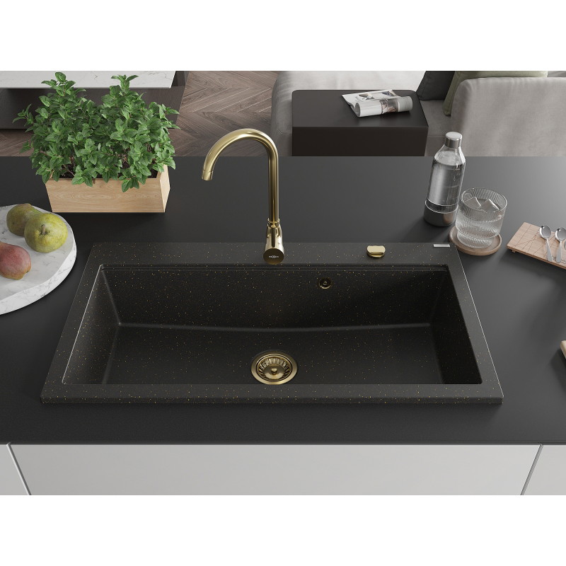 Mexen Slido Évier en granit 1 bac 900 x 500 mm, noir/métallisé doré, siphon doré - 6528901005-75-G