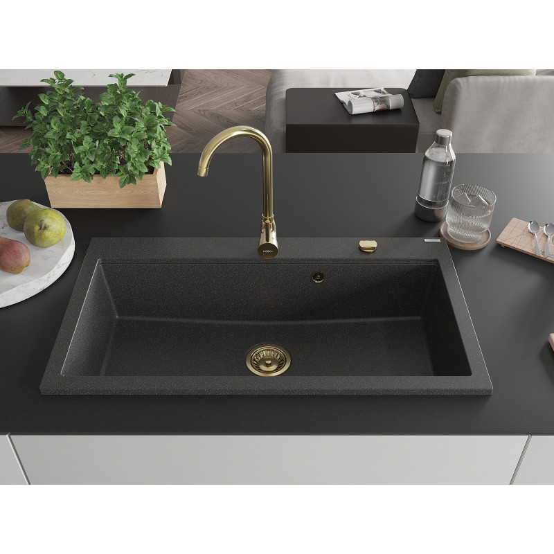 Mexen Slido évier en granit 1 bac 900 x 500 mm, noir moucheté, siphon doré - 6528901005-76-G
