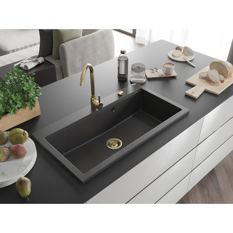 Mexen Slido évier en granit 1 bac 900 x 500 mm, noir moucheté, siphon doré - 6528901005-76-G