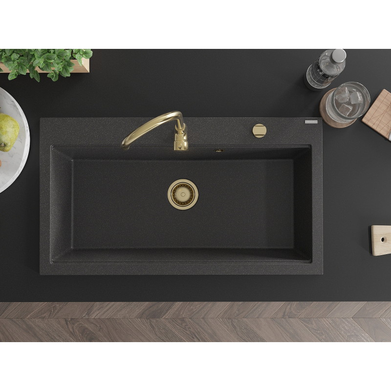 Mexen Slido évier en granit 1 bac 900 x 500 mm, noir moucheté, siphon doré - 6528901005-76-G
