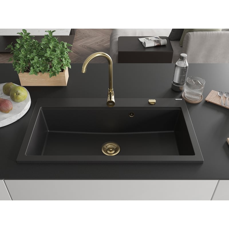 Mexen Slido évier en granit 1 bac 900 x 500 mm, noir, siphon doré - 6528901005-77-G