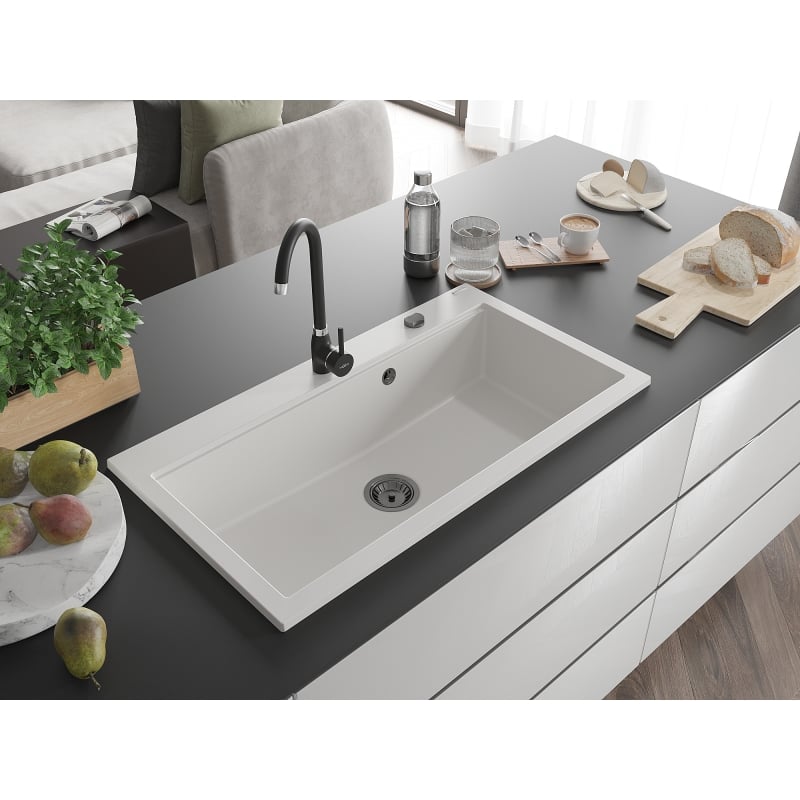 Mexen Slido évier en granit 1 bac 900 x 500 mm, blanc, siphon noir - 6528901005-20-B