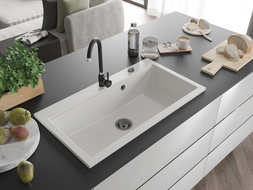 Mexen Slido évier en granit à 1 bac 900 x 500 mm, blanc, siphon noir - 6528901005-20-B