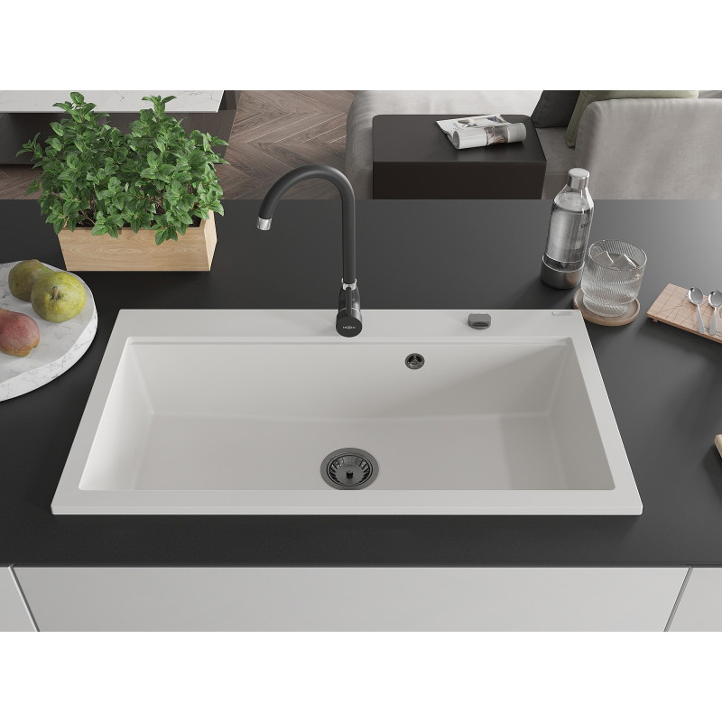 Mexen Slido évier en granit à 1 bac 900 x 500 mm, blanc, siphon noir - 6528901005-20-B