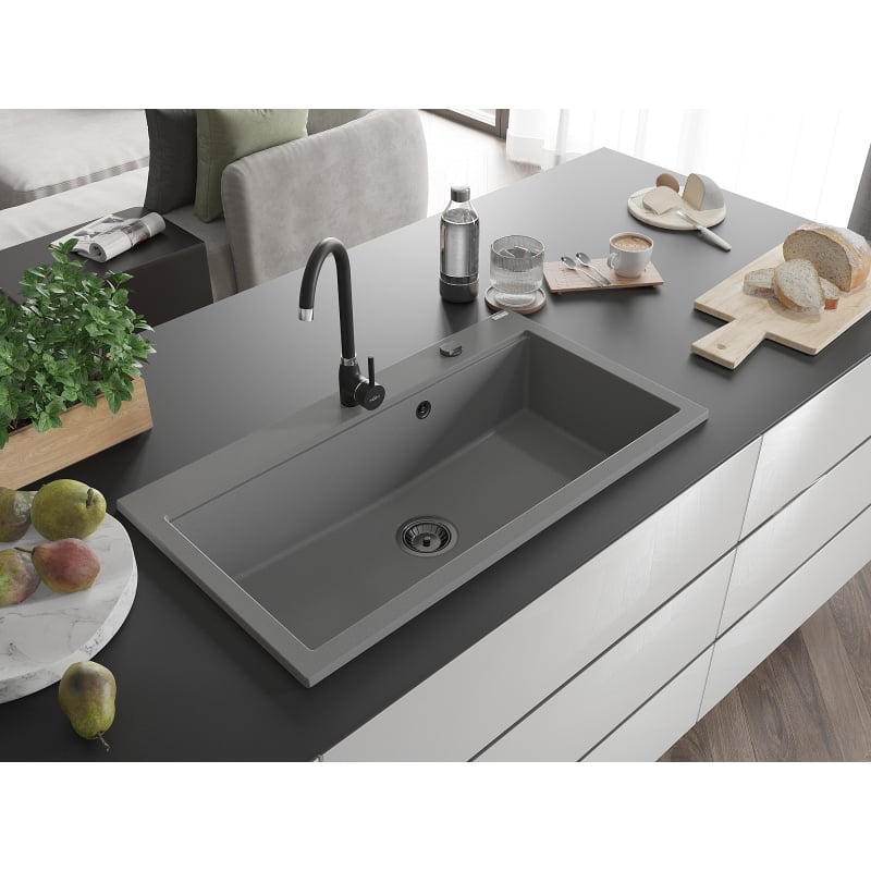 Mexen Slido évier de cuisine en granit 1 bac 900 x 500 mm, gris, siphon noir - 6528901005-71-B