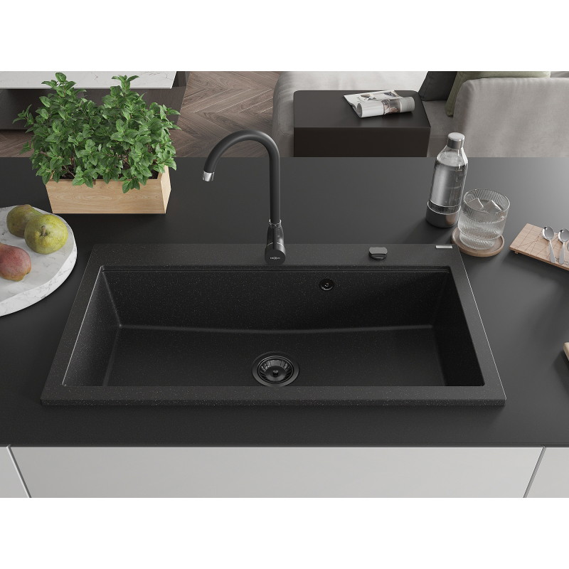 Mexen Slido évier en granit 1 bac 900 x 500 mm, noir/métallisé argenté, siphon noir - 6528901005-73-B