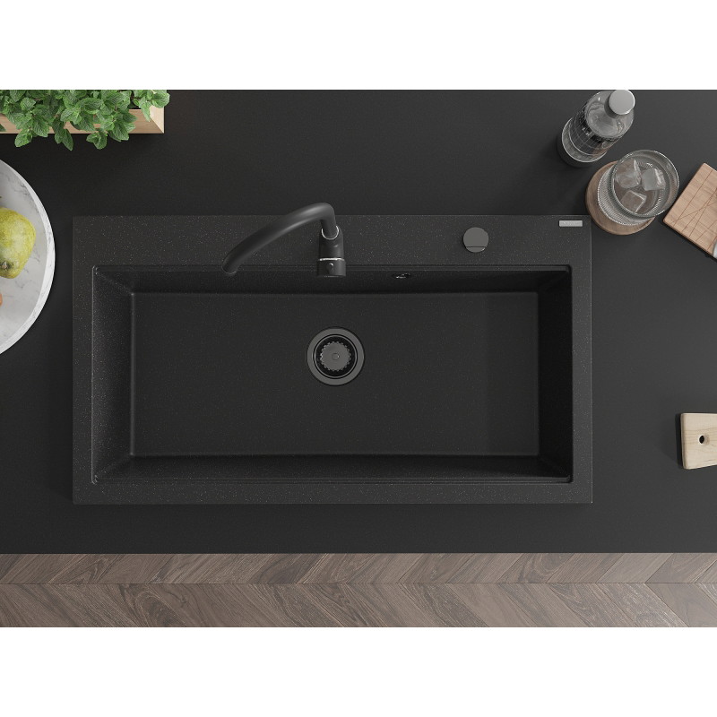 Mexen Slido évier en granit 1 bac 900 x 500 mm, noir/métallisé argenté, siphon noir - 6528901005-73-B