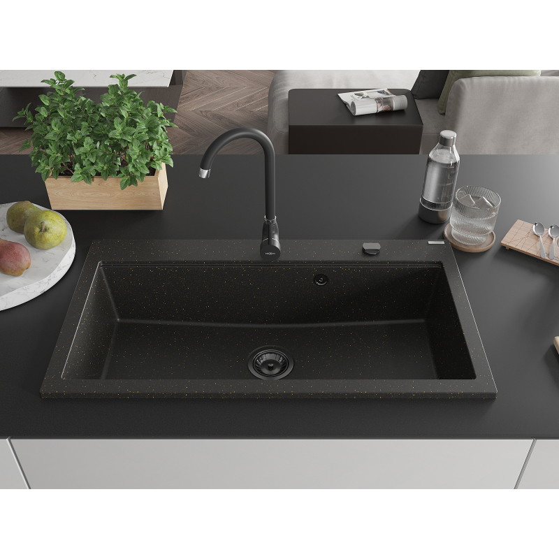 Mexen Slido Évier de cuisine en granit 1 bac 900 x 500 mm, noir/métallisé doré, siphon noir - 6528901005-75-B