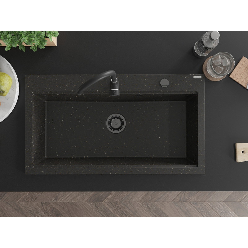 Mexen Slido Évier de cuisine en granit 1 bac 900 x 500 mm, noir/métallisé doré, siphon noir - 6528901005-75-B