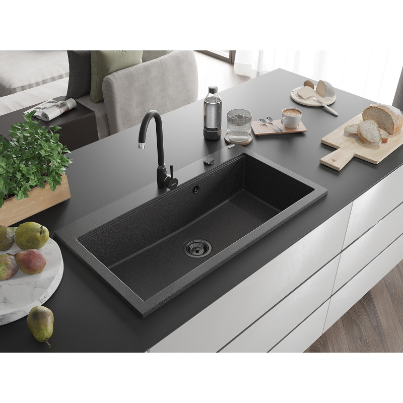 Mexen Slido évier en granit 1 bac 900 x 500 mm, noir moucheté, siphon noir - 6528901005-76-B