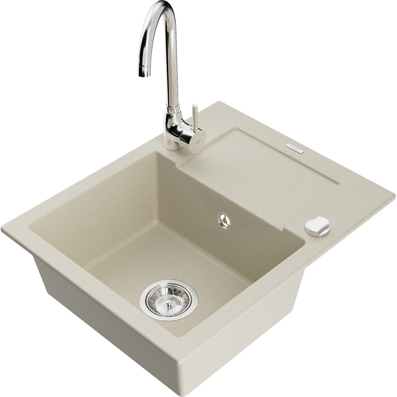 Mexen Enzo évier de cuisine en granit 1 bac avec égouttoir et robinet Telma, beige - 6506-69-670200-00