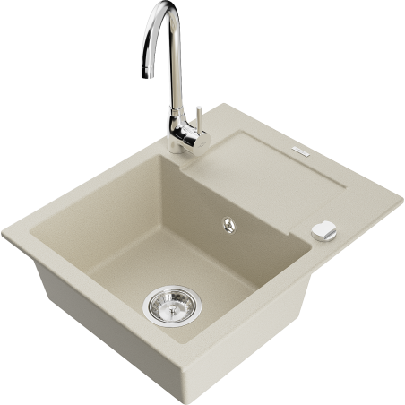 Mexen Enzo évier en granit 1 bac avec égouttoir et robinet de cuisine Telma, beige - 6506-69-670200-00
