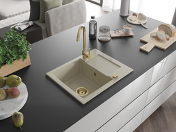 Mexen Enzo évier en granit à 1 bac avec égouttoir et robinet de cuisine Telma, beige - 6506-69-670200-50