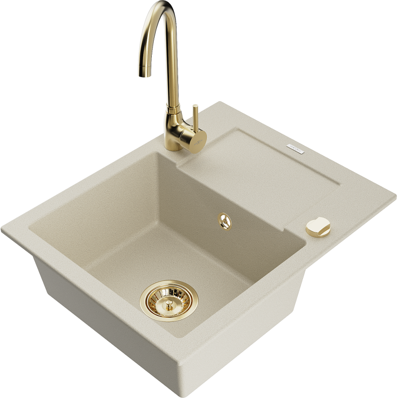 Mexen Enzo évier en granit 1 bac avec égouttoir et robinet de cuisine Telma, beige - 6506-69-670200-50