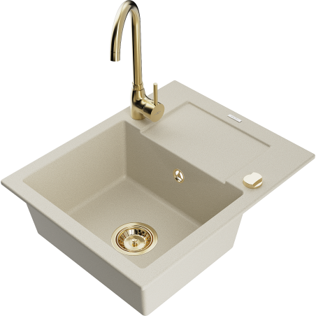 Mexen Enzo évier en granit 1 bac avec égouttoir et robinet de cuisine Telma, beige - 6506-69-670200-50