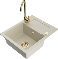 Mexen Enzo évier en granit à 1 bac avec égouttoir et robinet de cuisine Telma, beige - 6506-69-670200-50