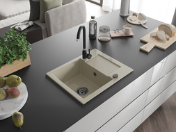 Mexen Enzo évier en granit 1 bac avec égouttoir et robinet de cuisine Telma, beige - 6506-69-670200-70
