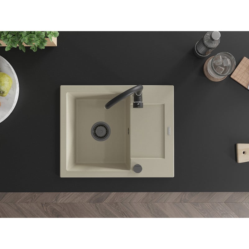 Mexen Enzo évier en granit 1 bac avec égouttoir et robinet de cuisine Telma, beige - 6506-69-670200-70