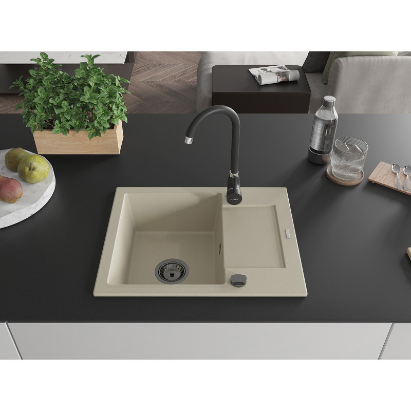 Mexen Enzo évier en granit 1 bac avec égouttoir et robinet de cuisine Telma, beige - 6506-69-670200-70