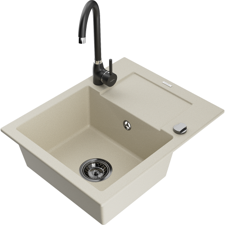 Mexen Enzo évier en granit 1 bac avec égouttoir et robinet de cuisine Telma, beige - 6506-69-670200-70