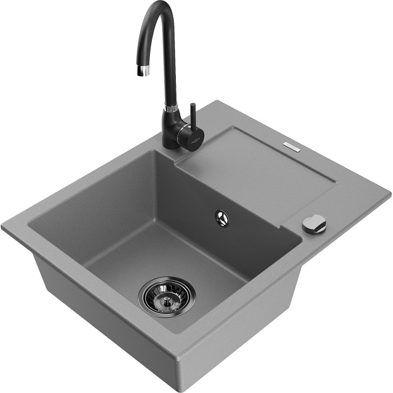 Mexen Enzo évier en granit 1 bac avec égouttoir et robinet de cuisine Telma, gris - 6506-71-670200-70-B