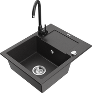 Mexen Enzo évier en granit 1 bac avec égouttoir et robinet de cuisine Telma, noir moucheté - 6506-76-670200-70