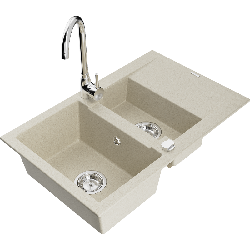 Évier en granit Mexen Gaspar 1,5 bac avec égouttoir et robinet de cuisine Telma, beige - 6507-69-670200-00