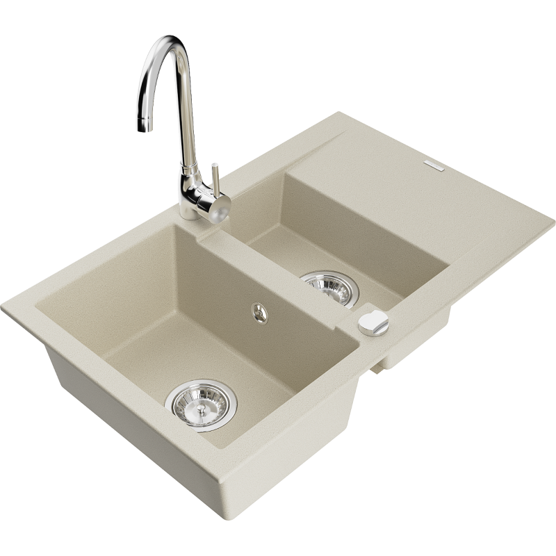 Mexen Gaspar évier en granit 1,5 bac avec égouttoir et robinet de cuisine Telma, beige - 6507-69-670200-00