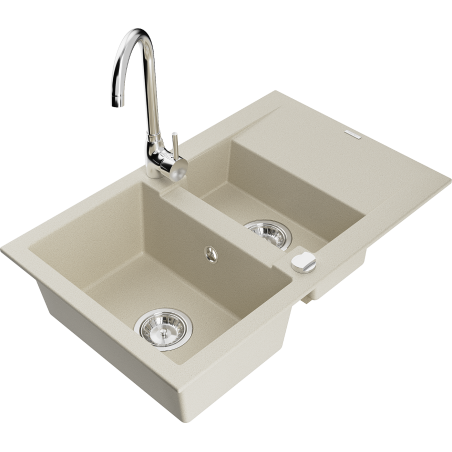 Évier en granit Mexen Gaspar 1,5 bac avec égouttoir et robinet de cuisine Telma, beige - 6507-69-670200-00