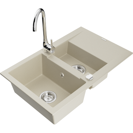 Mexen Gaspar évier en granit 1,5 bac avec égouttoir et robinet de cuisine Telma, beige - 6507-69-670200-00