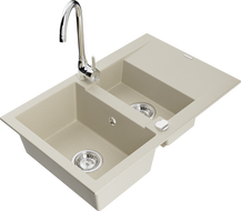 Évier en granit Mexen Gaspar 1,5 bac avec égouttoir et robinet de cuisine Telma, beige - 6507-69-670200-00