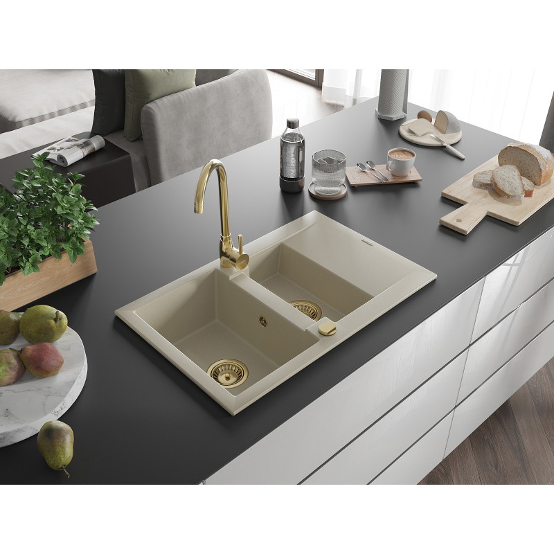 Mexen Gaspar évier en granit 1,5 bac avec égouttoir et robinet de cuisine Telma, beige - 6507-69-670200-50