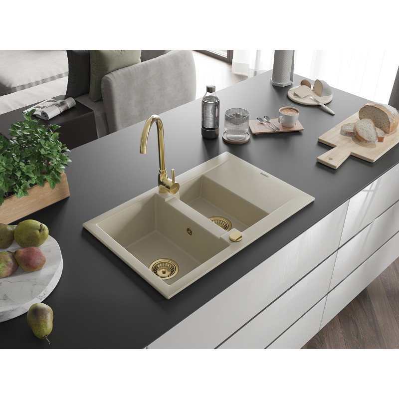 Mexen Gaspar évier en granit 1,5 cuves avec égouttoir et robinet de cuisine Telma, beige - 6507-69-670200-50
