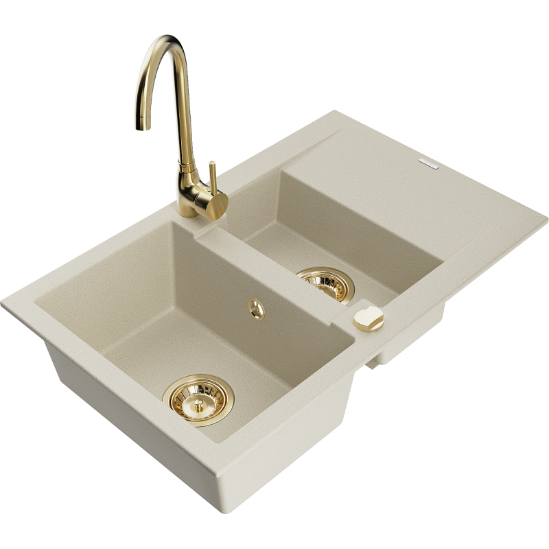 Mexen Gaspar évier en granit 1,5 bac avec égouttoir et mitigeur Telma, beige - 6507-69-670200-50