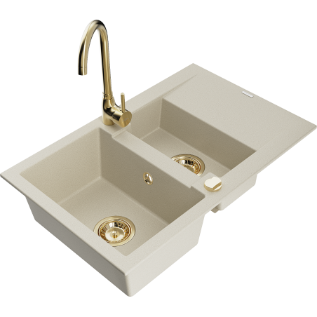 Mexen Gaspar évier en granit 1,5 bac avec égouttoir et robinet de cuisine Telma, beige - 6507-69-670200-50