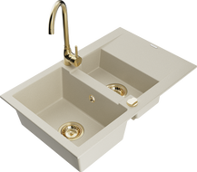 Mexen Gaspar évier en granit 1,5 bac avec égouttoir et robinet de cuisine Telma, beige - 6507-69-670200-50