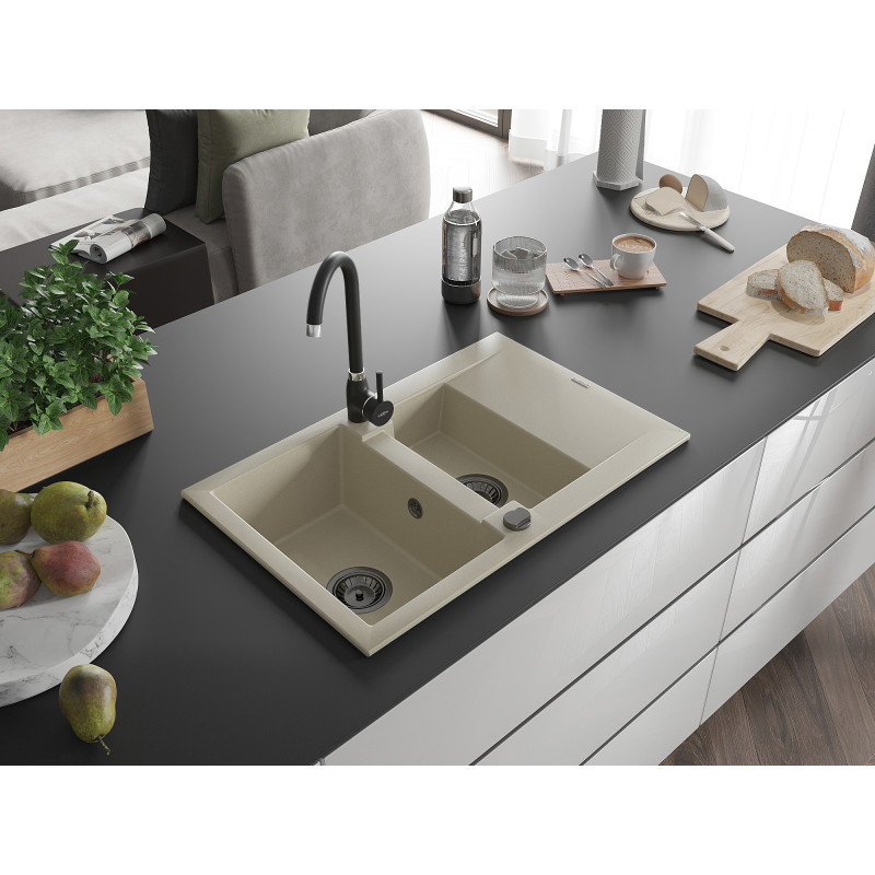 Mexen Gaspar évier en granit 1,5-bac avec égouttoir et robinet de cuisine Telma, beige - 6507-69-670200-70