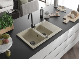 Mexen Gaspar évier en granit 1,5-bac avec égouttoir et robinet de cuisine Telma, beige - 6507-69-670200-70