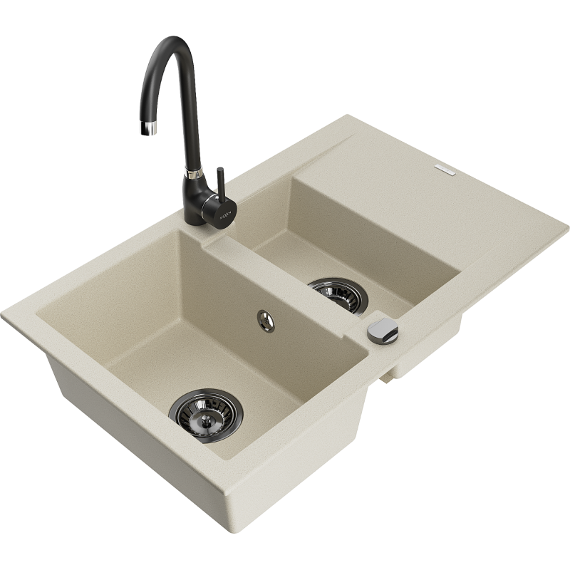 Mexen Gaspar évier granit 1,5-bac avec égouttoir et robinet de cuisine Telma, beige - 6507-69-670200-70