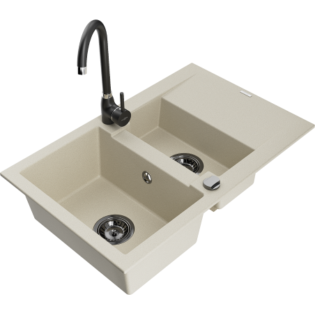 Mexen Gaspar évier en granit 1,5-bac avec égouttoir et robinet de cuisine Telma, beige - 6507-69-670200-70